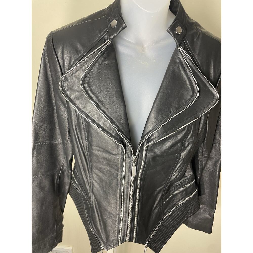 NWOT GILI Black Leather Silver Hardware Moto Women's Jacket Asymetrical Size 14 - Picture 3 of 13